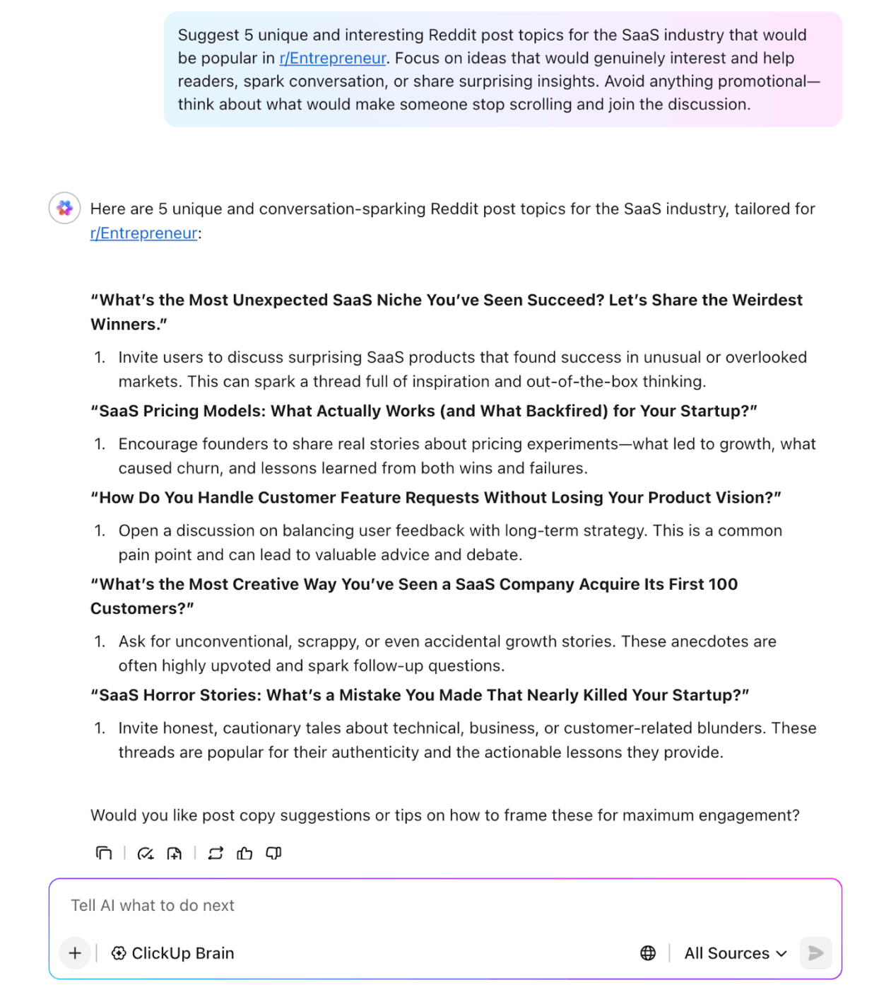 Use ClickUp Brain to create helpful content for Reddit