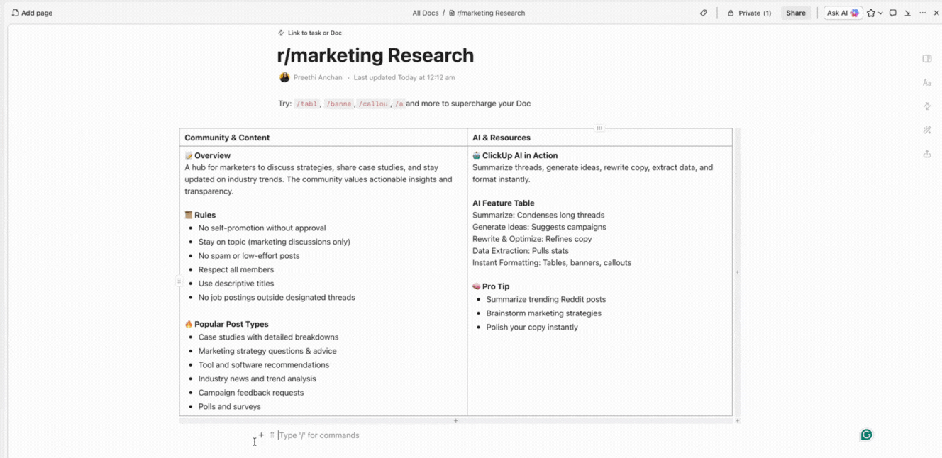 ClickUp Docs with AI to create content : How to Get Karma on Reddit
