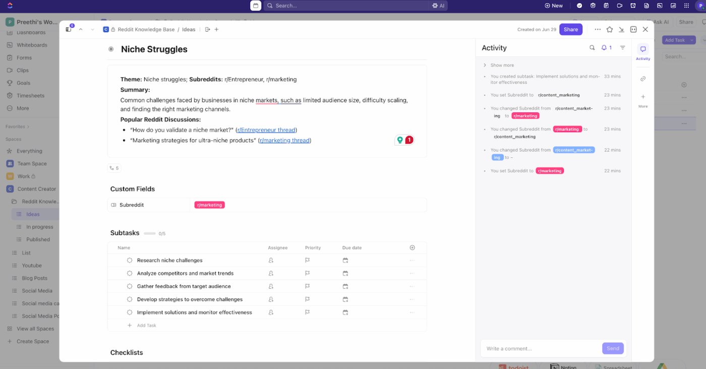 Creating tasks on ClickUp for Reddit tasks
