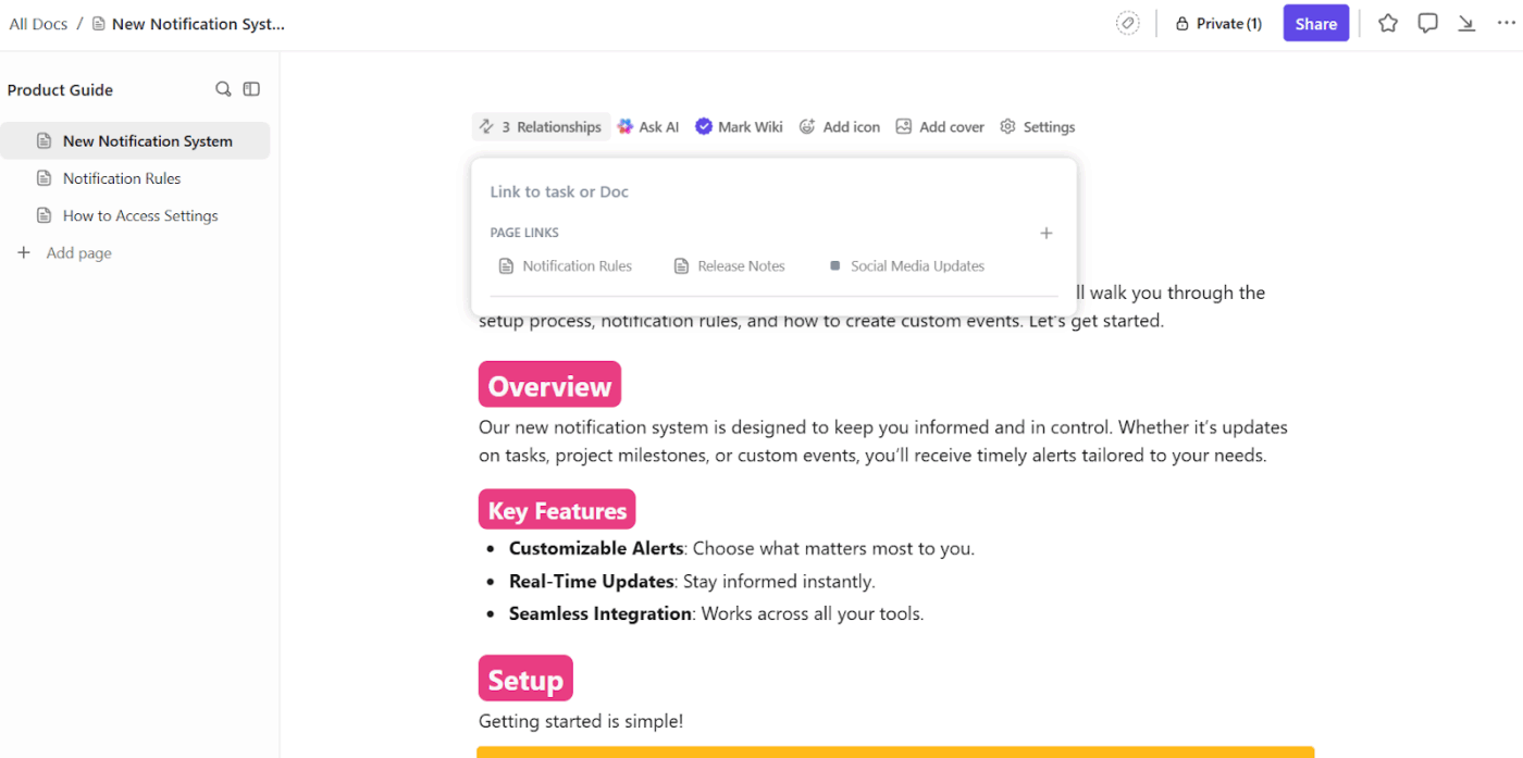Centralize test questions, results, and iteration notes in one organized hub with ClickUp Docs: AI Led Growth Playbook