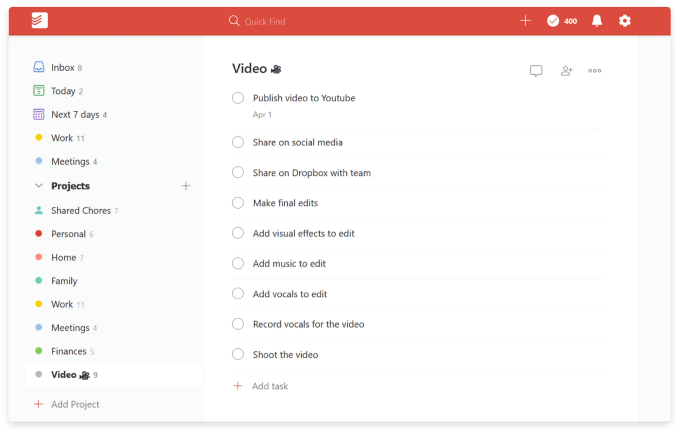 Todoist dashboard : Upbase Alternative