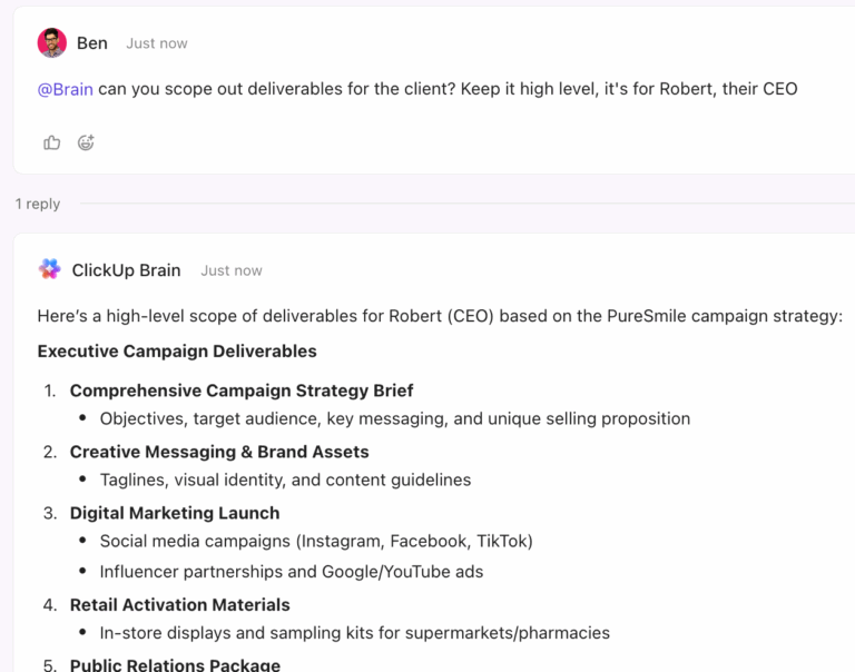 @mention Brain to get contextual answers right where you work inside ClickUp