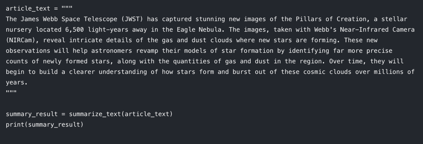 Example of summarizing an article about the James Webb Space Telescope using the custom summarization function