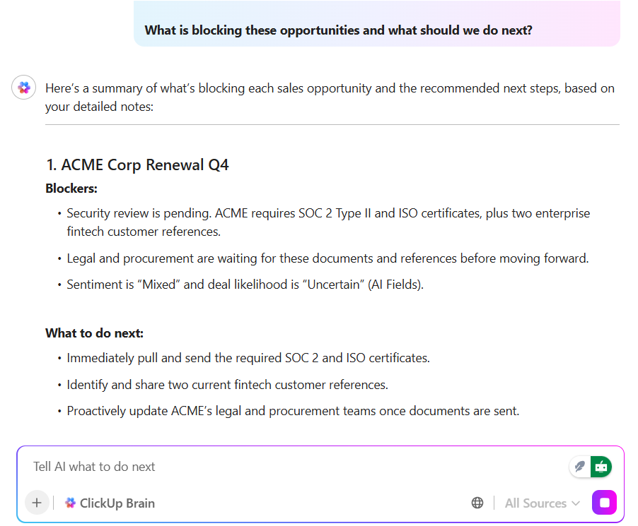 Use ClickUp BrainGPT to generate context-aware drafts