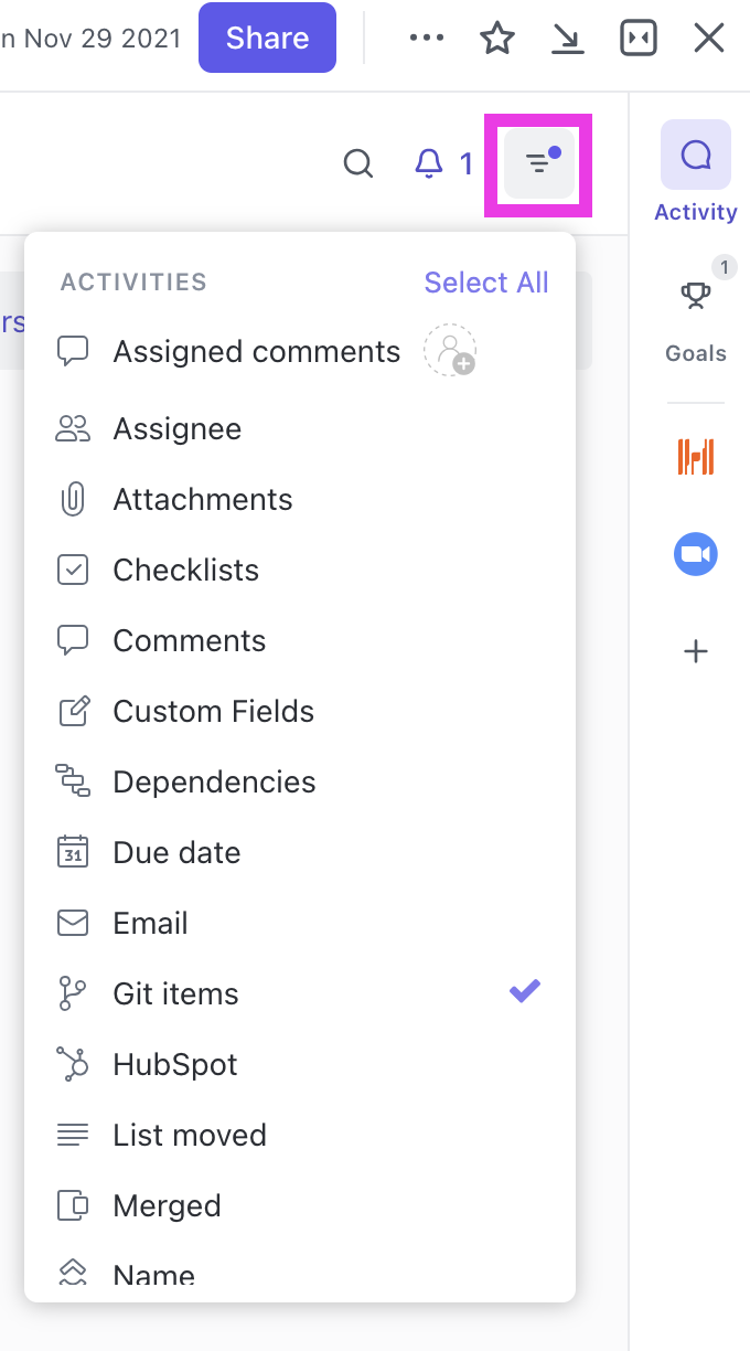 Veja os itens Git no feed de atividades do ClickUp: como os desenvolvedores podem gerenciar solicitações de pull em equipes distribuídas.