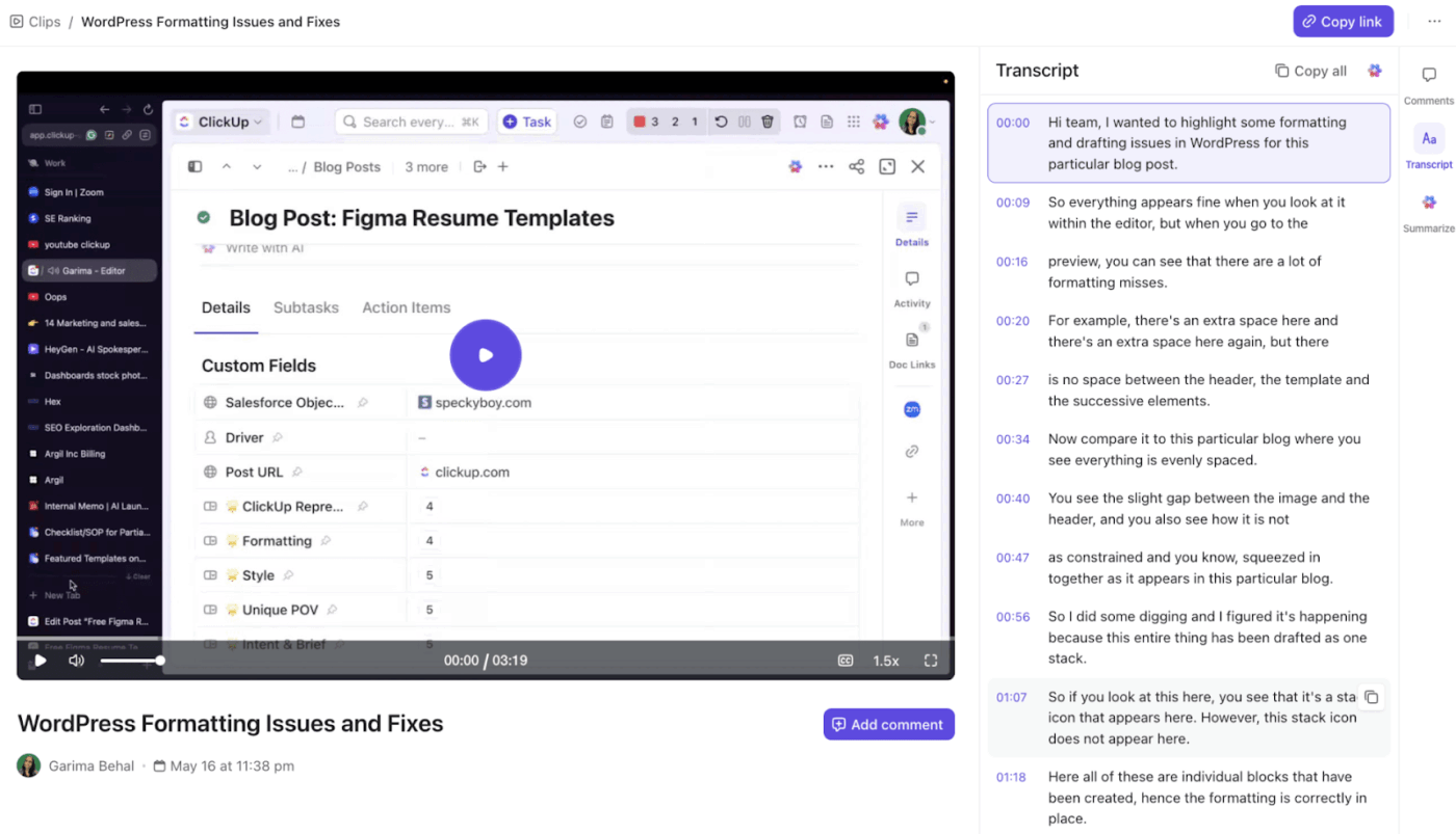 Grave e compartilhe orientações assíncronas sobre o código diretamente em tarefas e bate-papos com o ClickUp Clips.