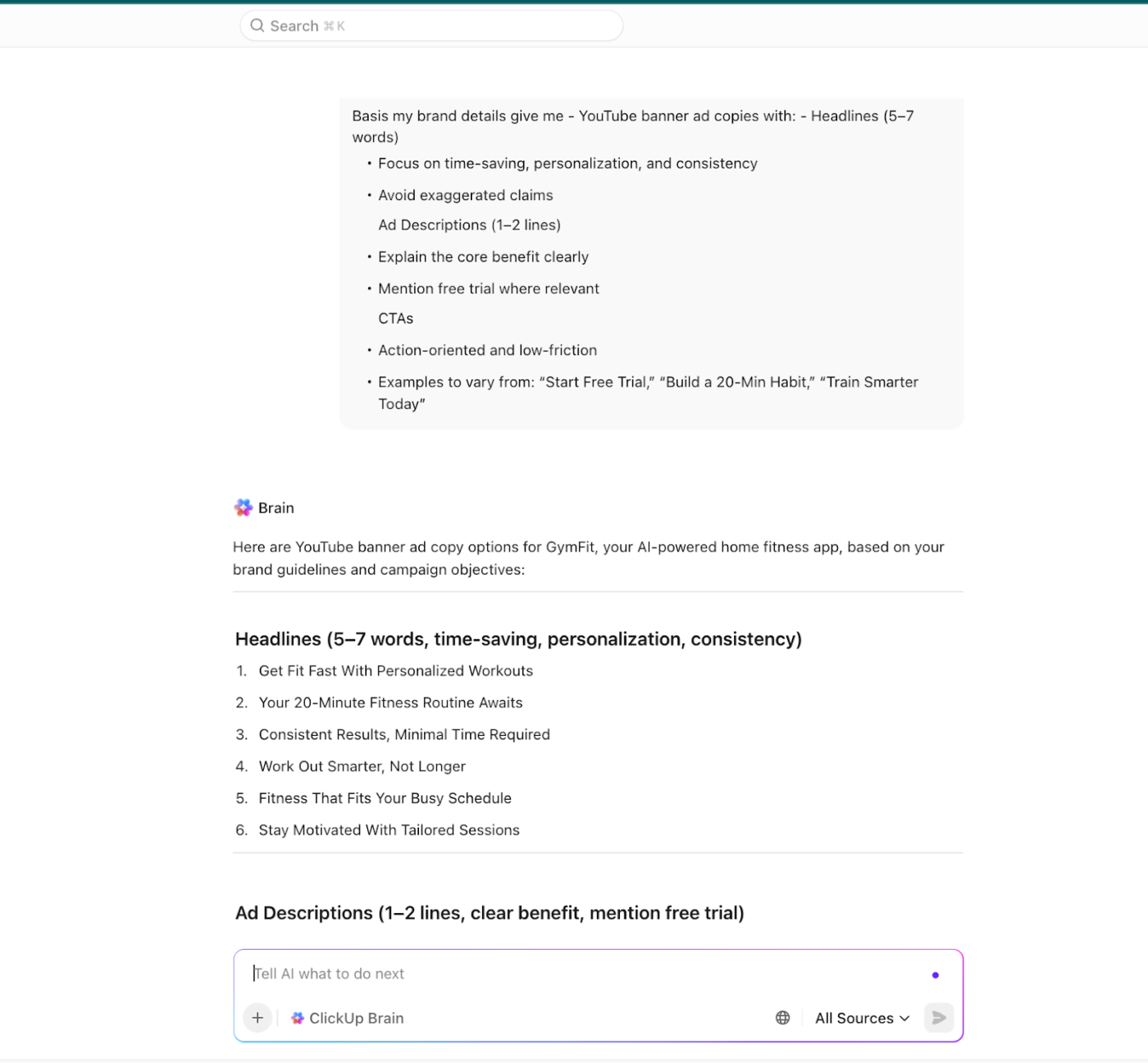 Use ClickUp Brain to generate YouTube ad copies and scripts : YouTube Ads Guide