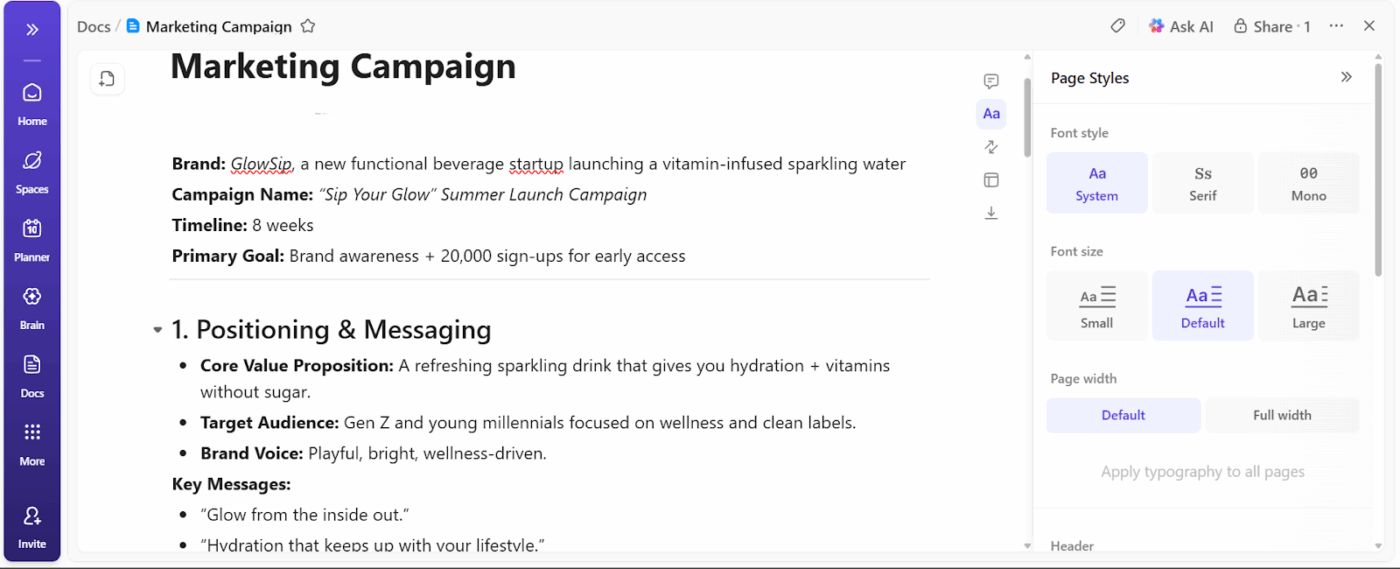 Collaborate on documents with your team and keep notes with ClickUp Docs