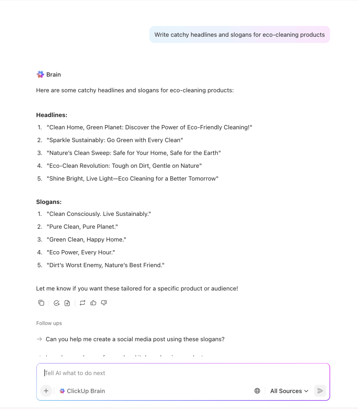 Kickstart your new big ad idea with smart, tailored copy suggestions using ClickUp Brain : Best AI Advertising Campaigns