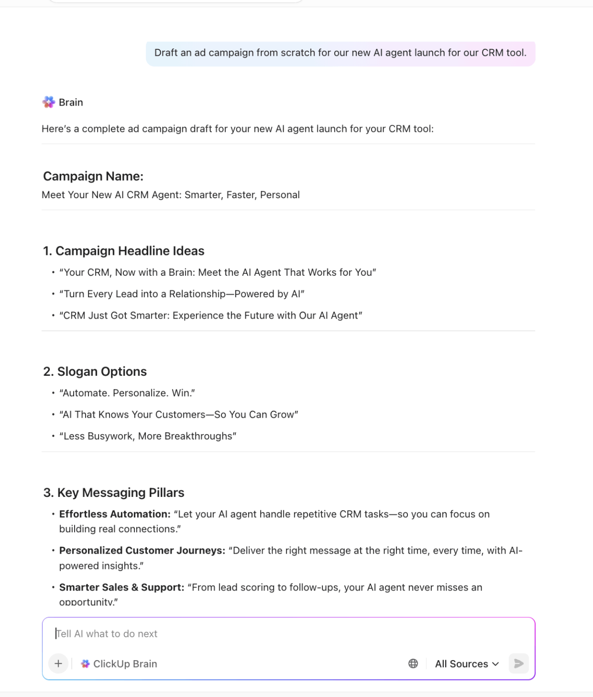 Brainstorm advertising strategies and campaign ideas faster with ClickUp Brain : Best AI Advertising Campaigns