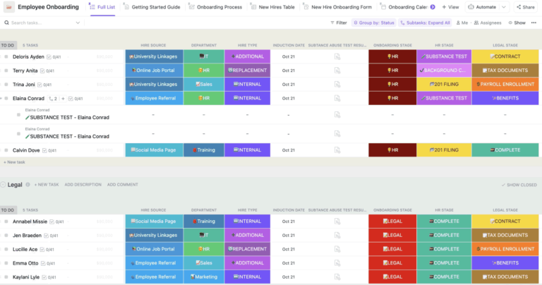 Get a ready-to-use onboarding workflow to ramp new hires fast with ClickUp's Employee Onboarding Template