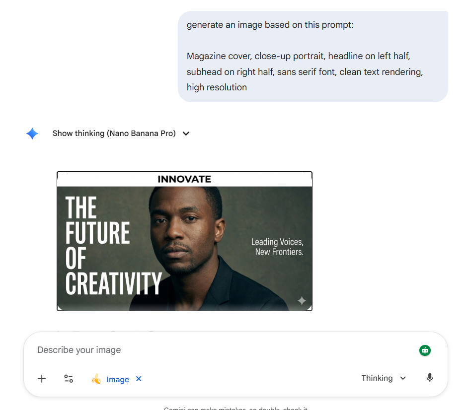 Sugerencias de Nano Banana: portada de revista, retrato en primer plano, titular en la mitad izquierda, subtítulo en la mitad derecha, fuente sans serif, renderización de texto limpia, alta resolución.