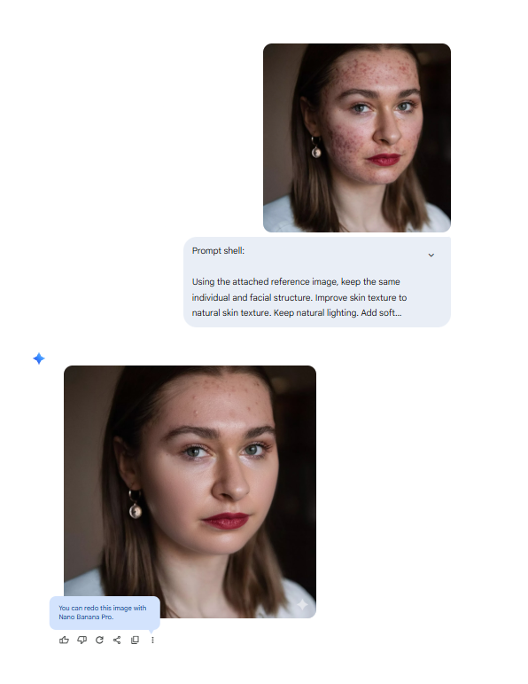 Indicaciones de Nano Banana: la edición de bloqueo de identidad para la misma persona en todas las iteraciones.