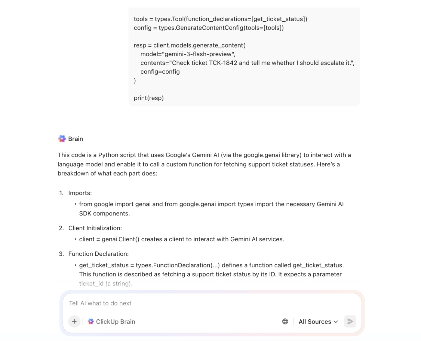ClickUp Brain can help explain any code or coding problems