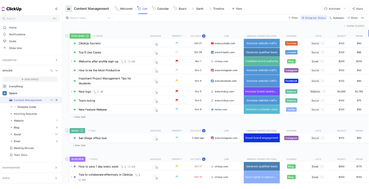 Organize and manage all your content from one place with ClickUp’s Content Management Template