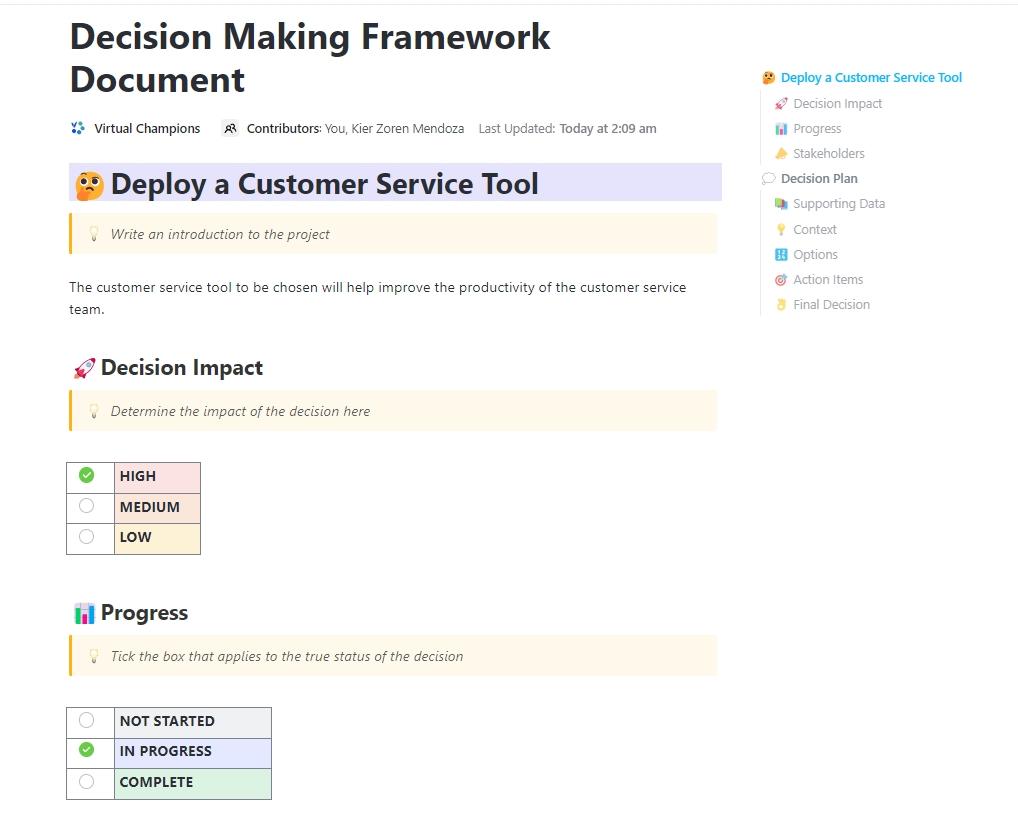 ClickUp Decision Making Framework Document Template: Analyze decisions methodically to ensure accuracy  