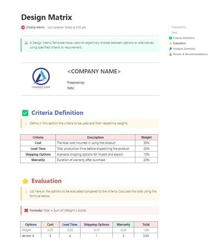 Compare concepts with weighted criteria in a structured Doc using the ClickUp Design Matrix Template