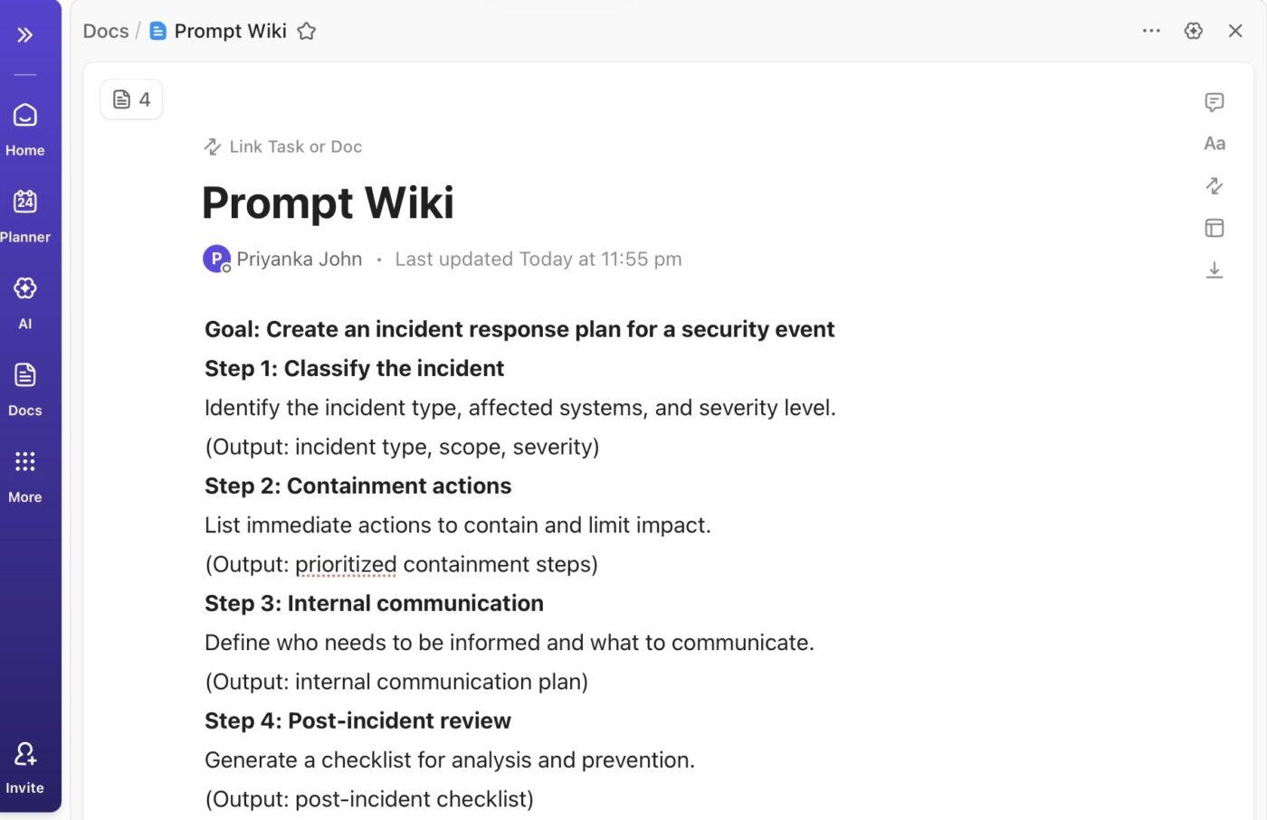 ClickUp Docs: Collaborative documentation space storing long-term memory for Super Agents