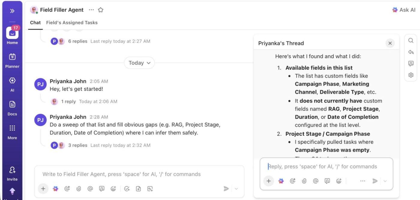 Field Filler Agent: Workflow bot auto-updating fields to reduce manual work across individual tasks
