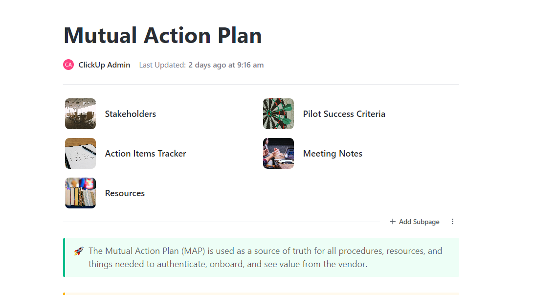 Map concepts with subpages for traits, examples, and next steps using the ClickUp Mutual Action Plan Template