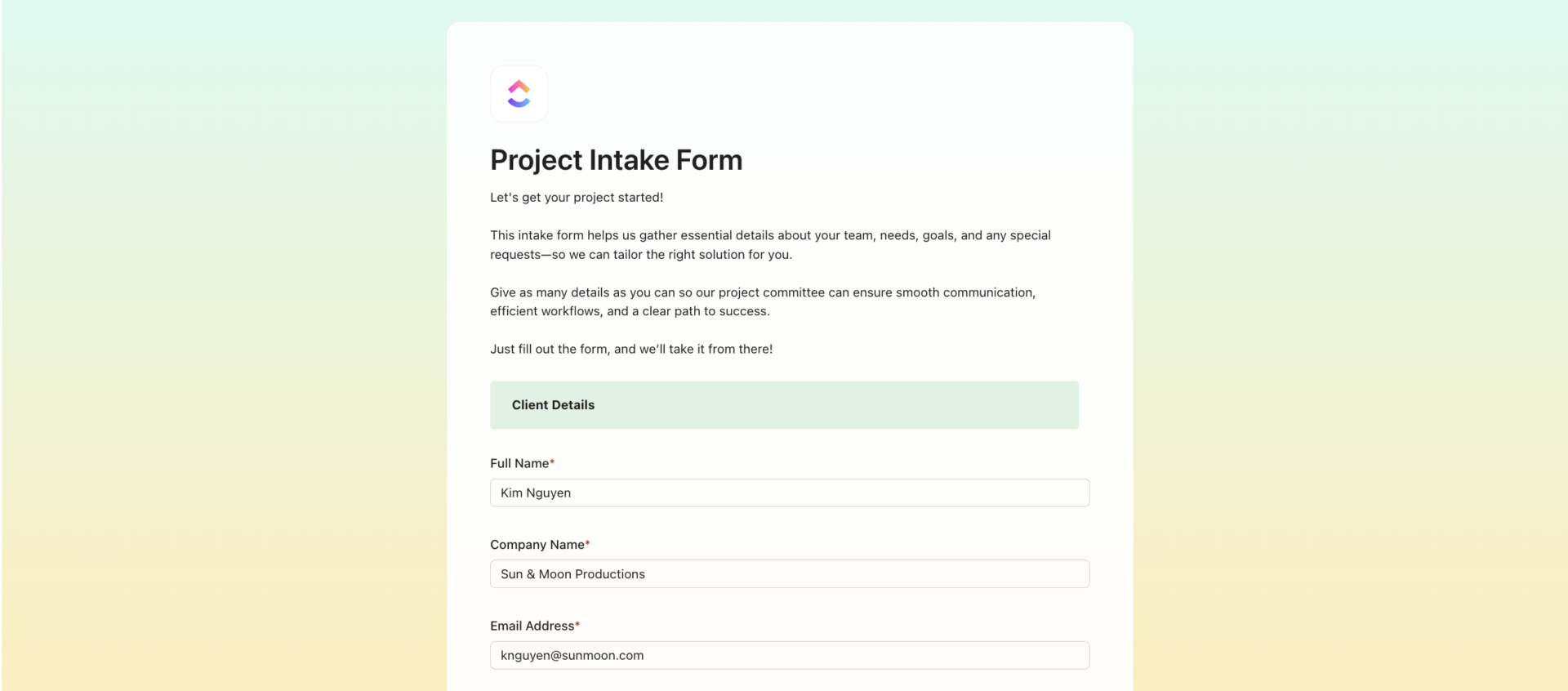 ClickUp Project Intake Form Template ClickUp Project Intake Form Template used to standardize new project requests
