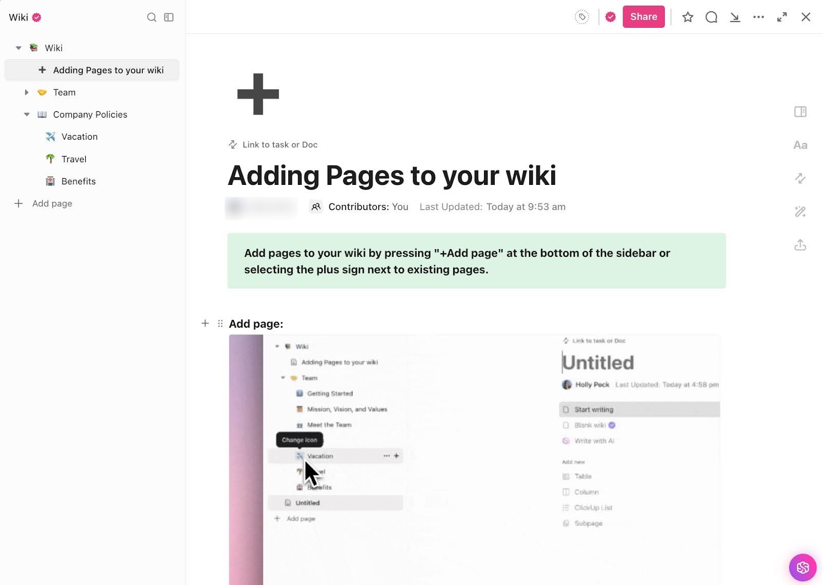 ClickUp Wiki-sjabloon met meerdere pagina's: bouw een gestructureerde teamwiki met meerdere pagina's – een van de goede voorbeelden van een FAQ-pagina voor duidelijke documentatie.