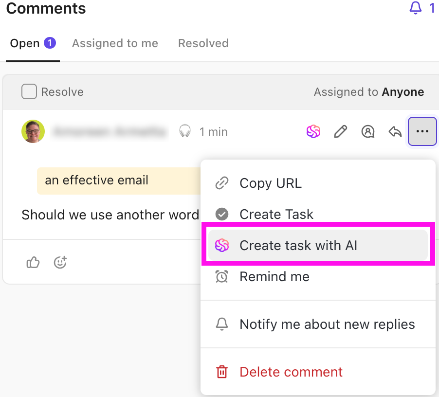 Creating AI-generated tasks via ClickUp Brain ClickUp Brain generating AI-created tasks with detailed descriptions and structured fields