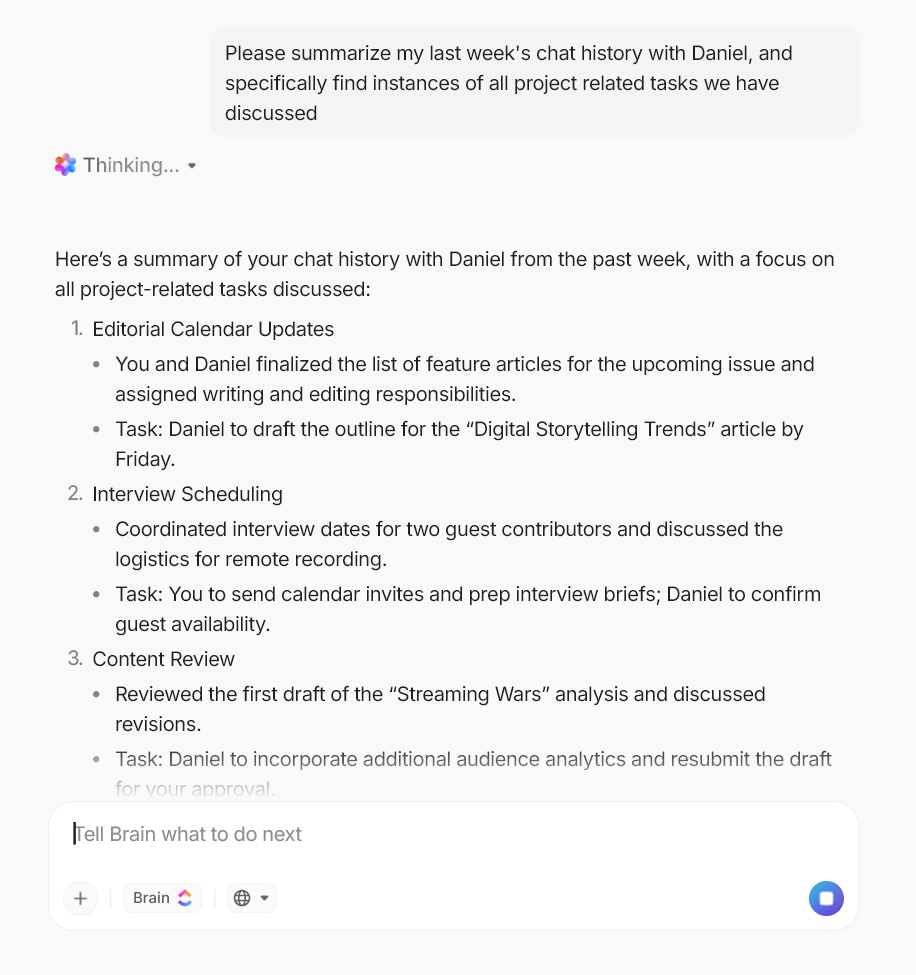 Krijg gedetailleerde samenvattingen en inzichten uit uw ClickUp-werkruimte met ClickUp Brain.