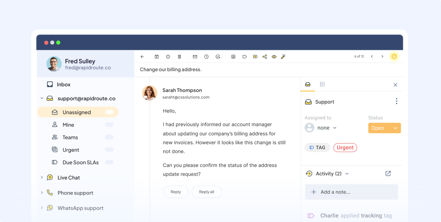 Hiver Hiver interface inside Gmail for managing shared inbox emails with assignments and status tracking