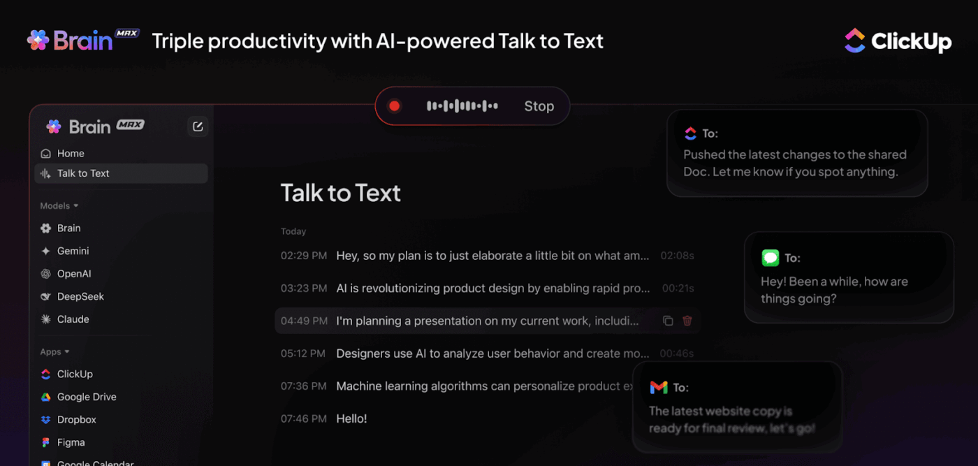 Increase your productivity by 4x speed to meet deadlines with ClickUp’s Talk To Text