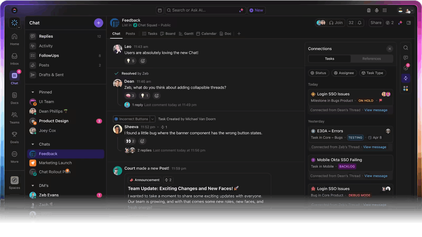 Integrate chat with other tools in your workspace with ClickUp Chat
