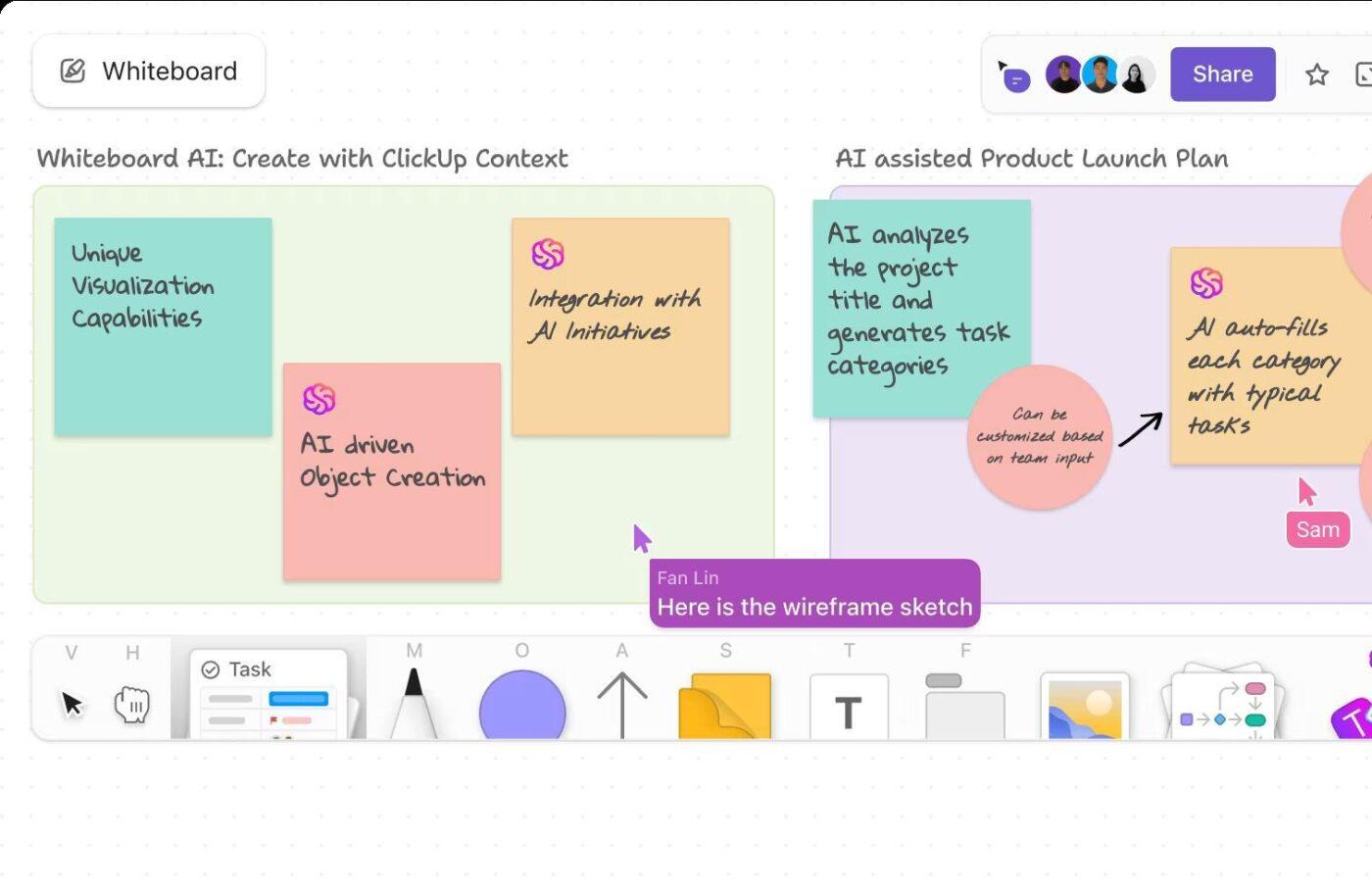Map your work efficiently to implement AI bottleneck identification in your team with ClickUp Whiteboards