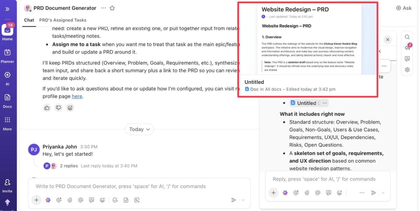 PRD Document Generator: AI drafting structured specs that analyze data from tasks and docs