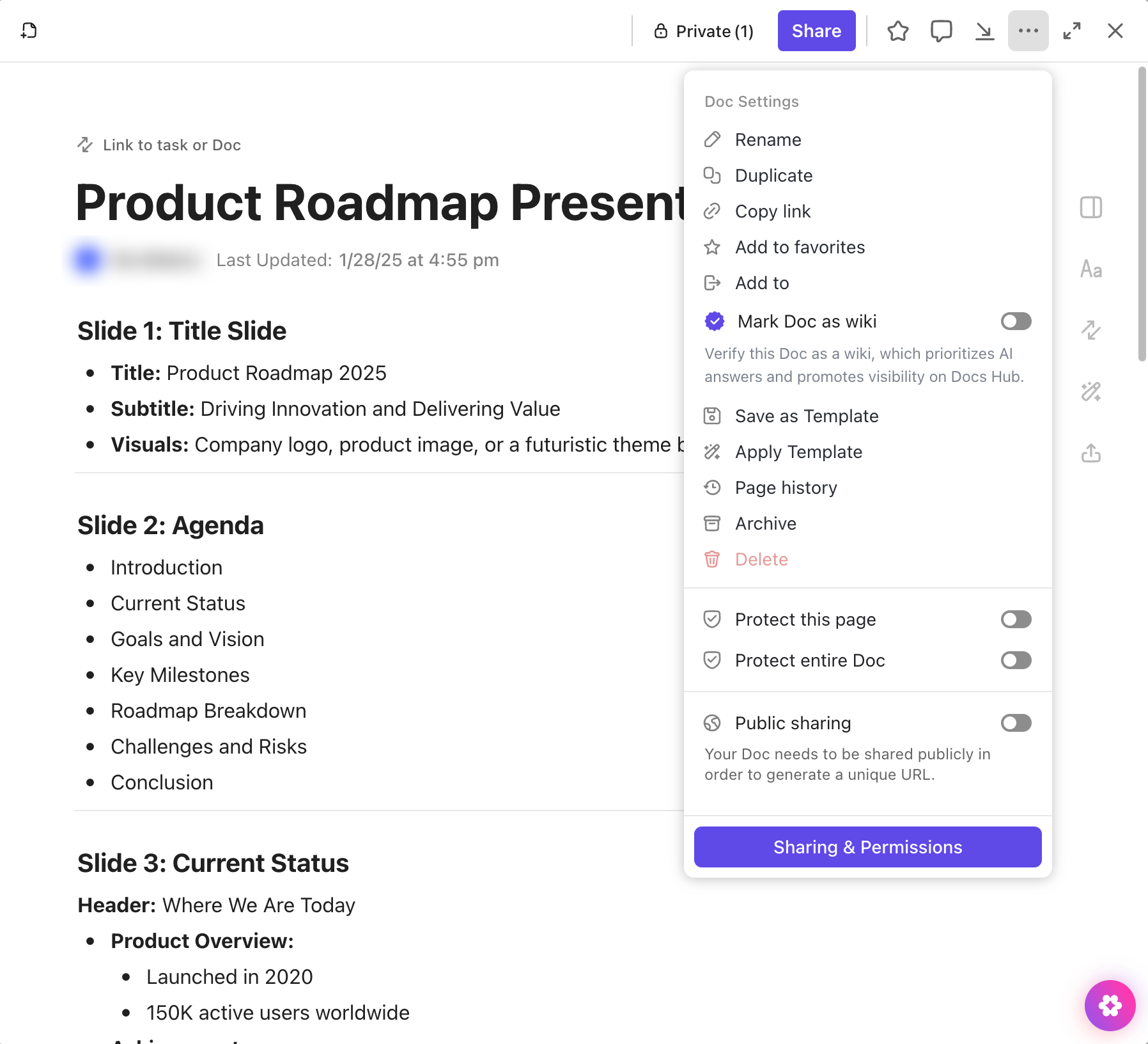 Page history for version control ClickUp Docs page history showing version control and change tracking over time