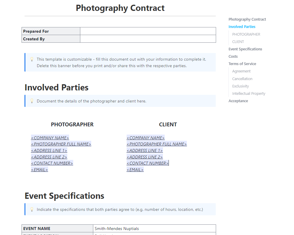 ClickUp Photography Contract Template