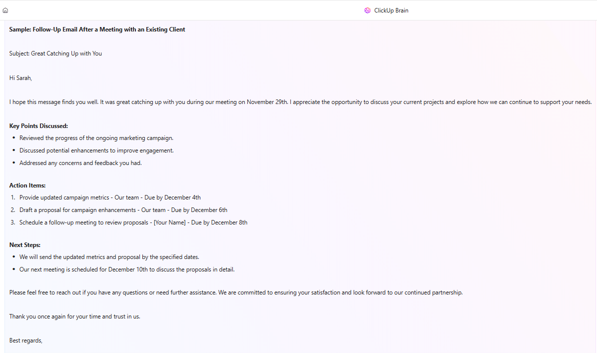 Sample follow up email Sample follow-up email template layout inside ClickUp Docs with sections for opener, value, CTA, and sign-off