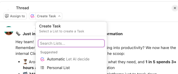 Чат нишка в ClickUp, показваща опцията за създаване на задача от чата с или без AI