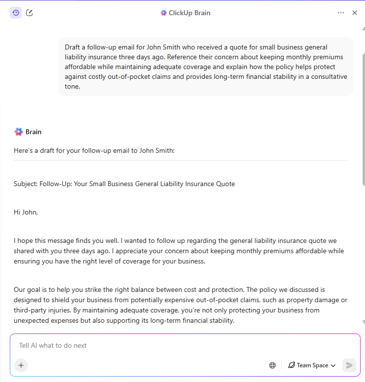 สร้างอีเมลติดตามผลด้วย ClickUp Brain