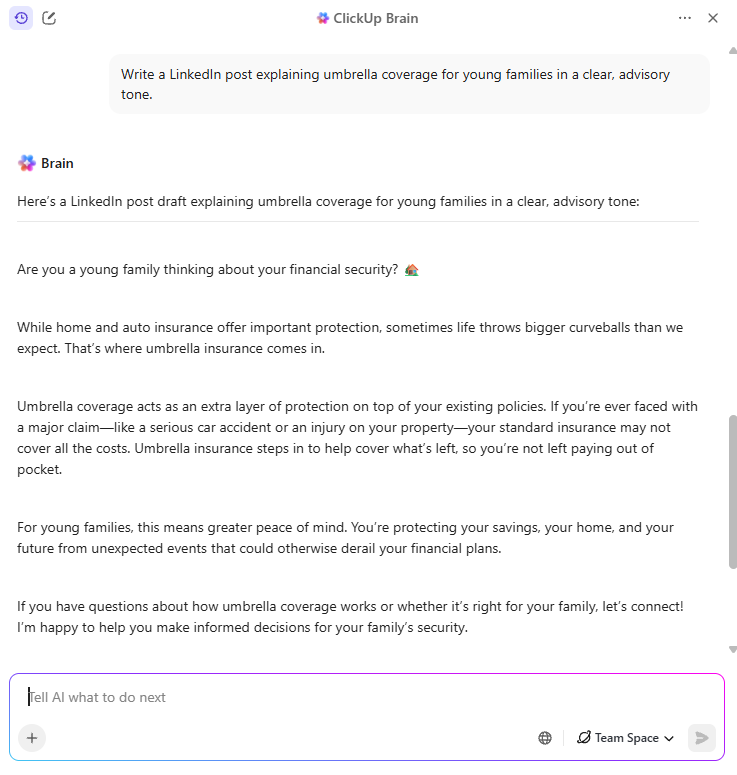ใช้ ClickUp Brain เพื่อสร้างเนื้อหาที่ตรงเป้าหมาย