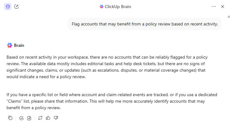 แทนที่จะศึกษาข้อมูลรายงานด้วยตนเอง สร้างการวิเคราะห์ได้ในไม่กี่วินาทีด้วย ClickUp Brain