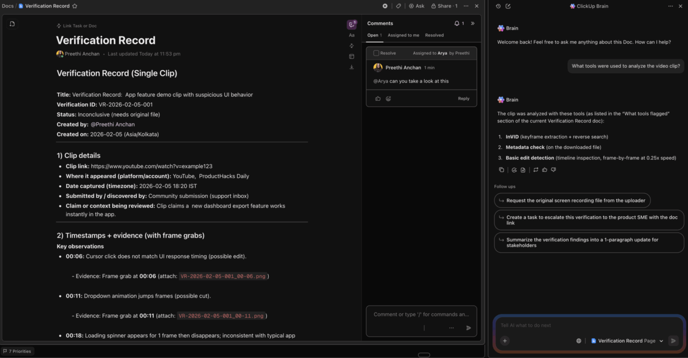 Use ClickUp Docs to document verification, leverage AI and collaborate with the team