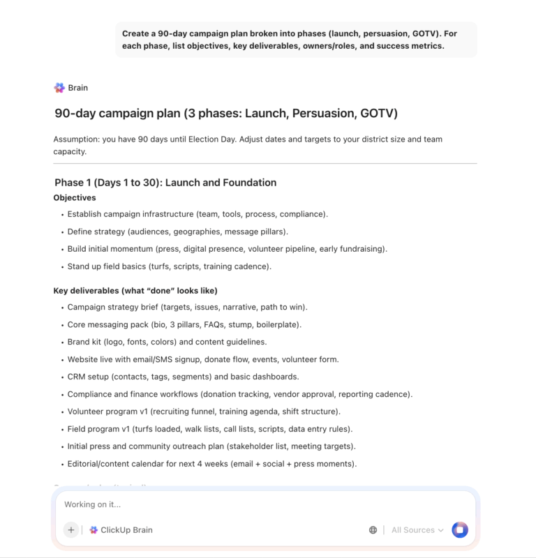 ClickUp Brain for political campaign