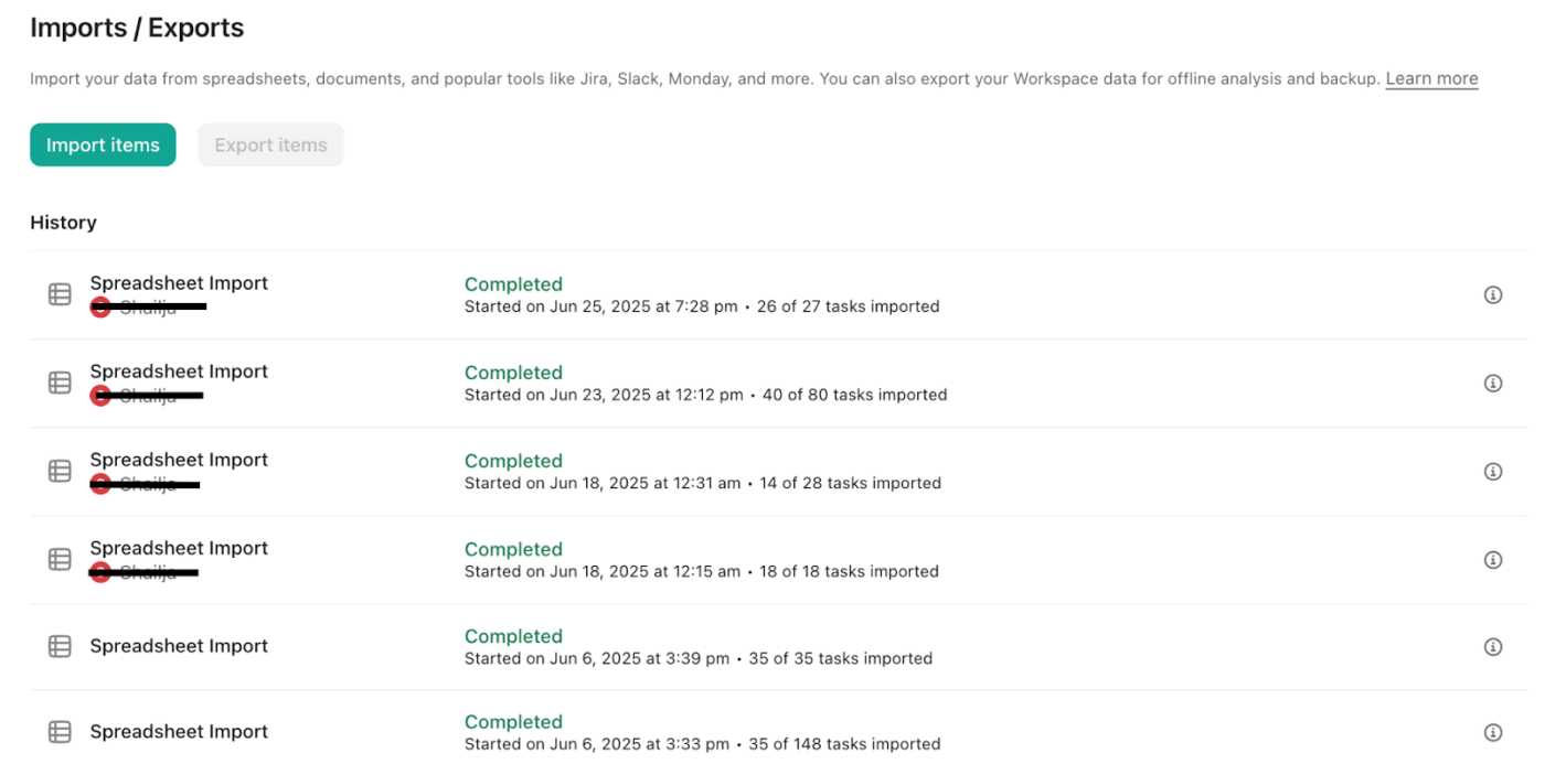 Sintra- spreadsheet import list