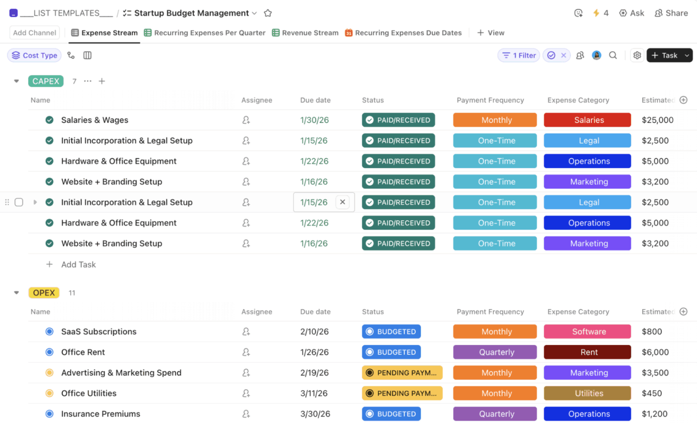 Track all project costs, revenue forecasts, and payments in one place with ClickUp