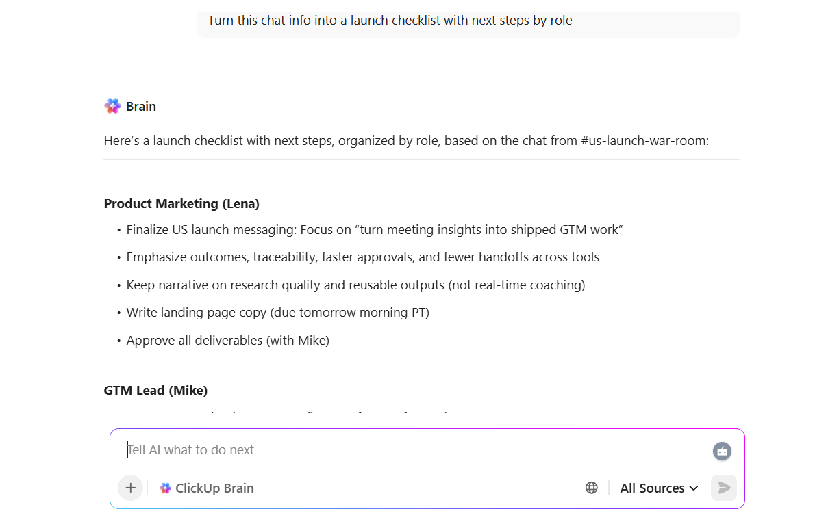 Chuyển đổi tất cả trò chuyện của bạn thành các mục có thể thực hiện để đạt kết quả tốt hơn với ClickUp Brain.