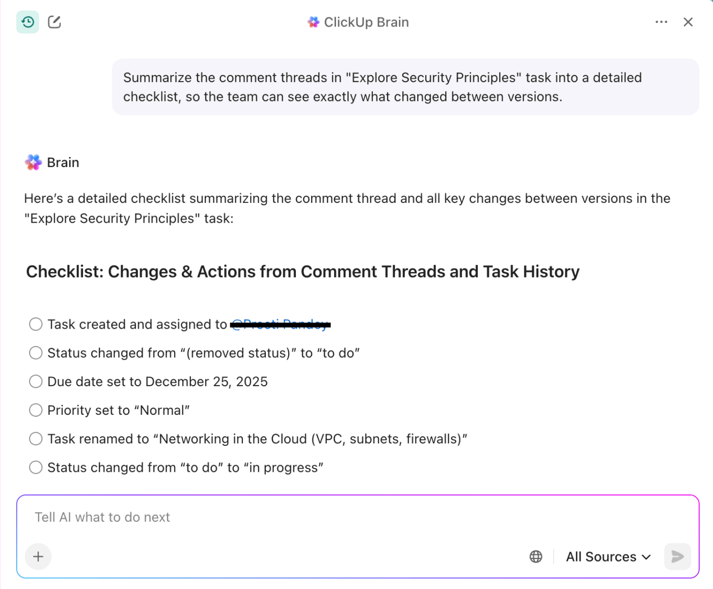 Turn comment threads into clean checklists with ClickUp Brain