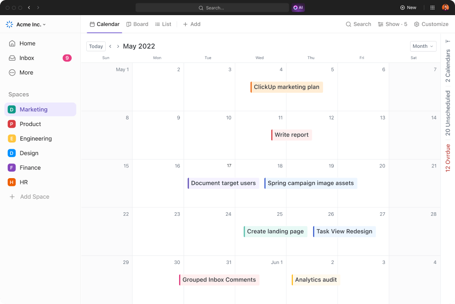Utilize ClickUp Calendar view for maintaining social media schedules