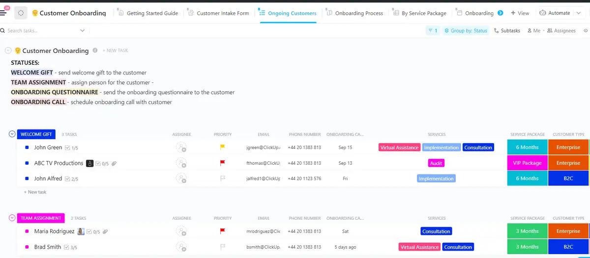 customer onboarding template Client onboarding template in ClickUp showing a standardized checklist and tasks for onboarding