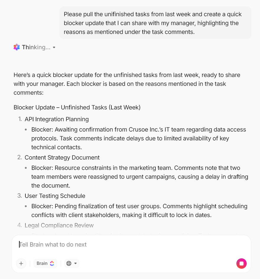 マネージャーに障害要因を効果的にレポート作成する方法 - ClickUp Brain