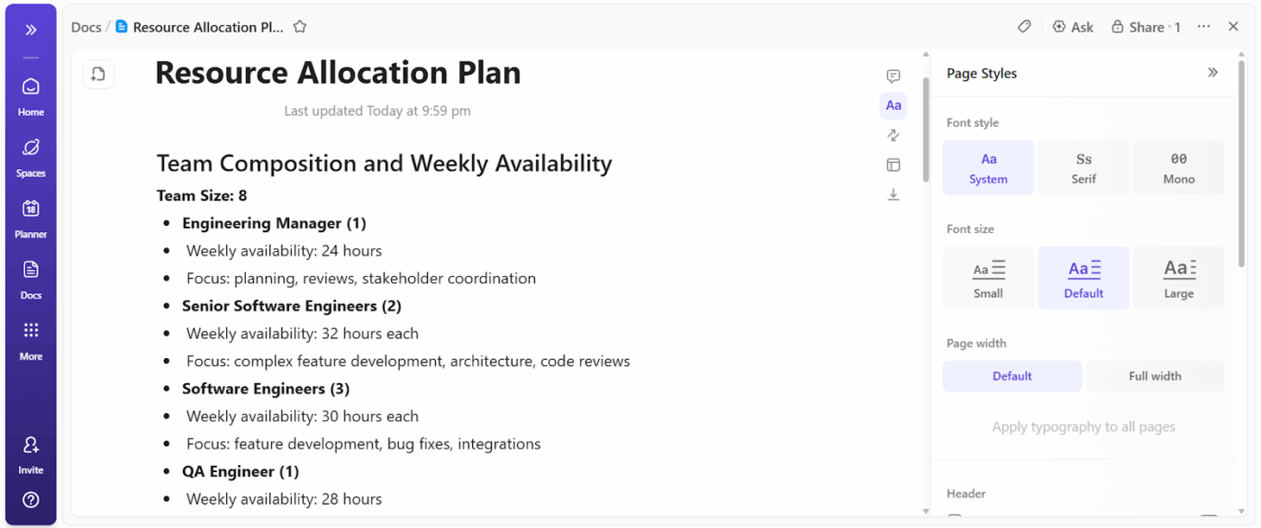 Easily format and collaborate on sprintgoals alongside the team in ClickUp Docs
